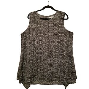 Fever Sheer Tank Tunic Blouse XL Sleeveless Black White Lined Shark Tooth Hem